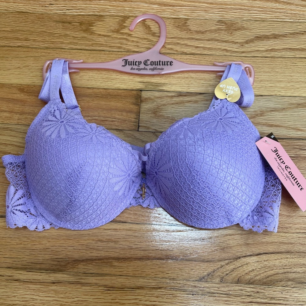 Juicy Couture Bra 34C, Push Up Bra, Underwire Lace Bra, Lavender NWT
